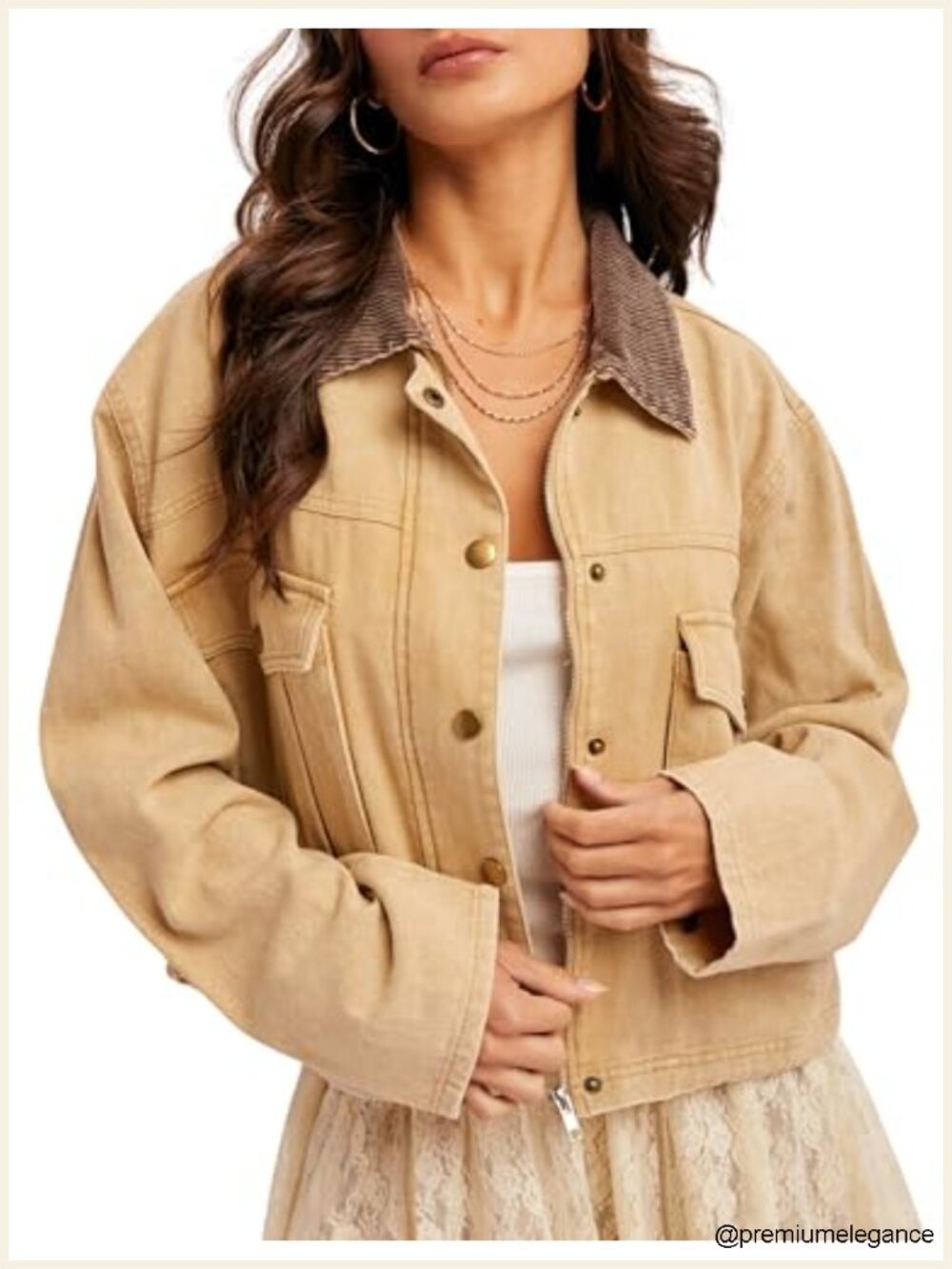 Women's Cropped Casual Jacket with Corduroy Collar, Long Sleeve, Button Front